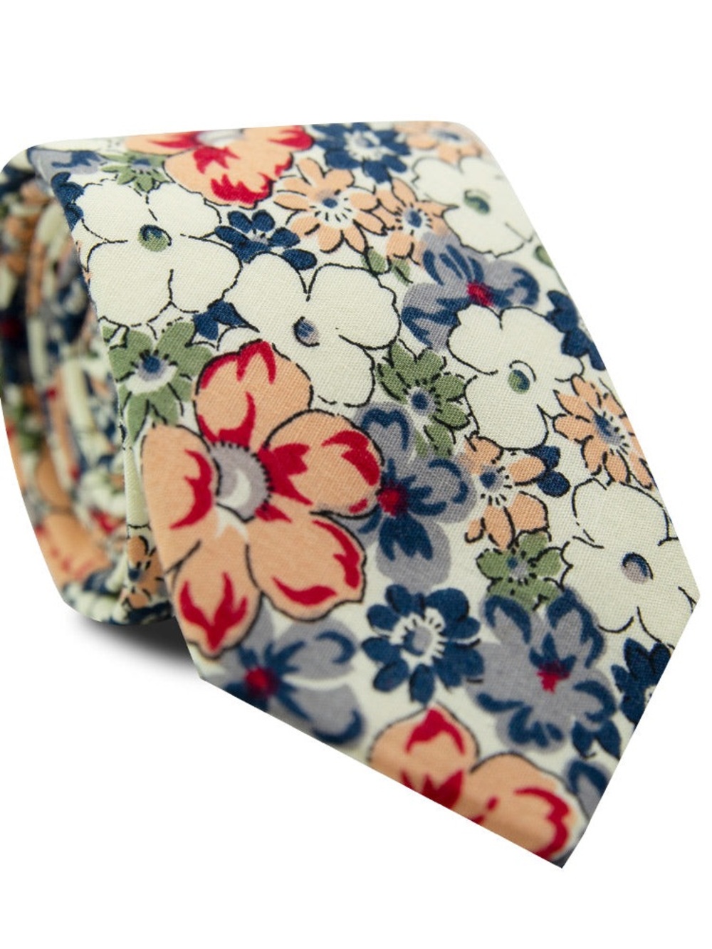 Floral Cotton Tie in Cream and Blue -